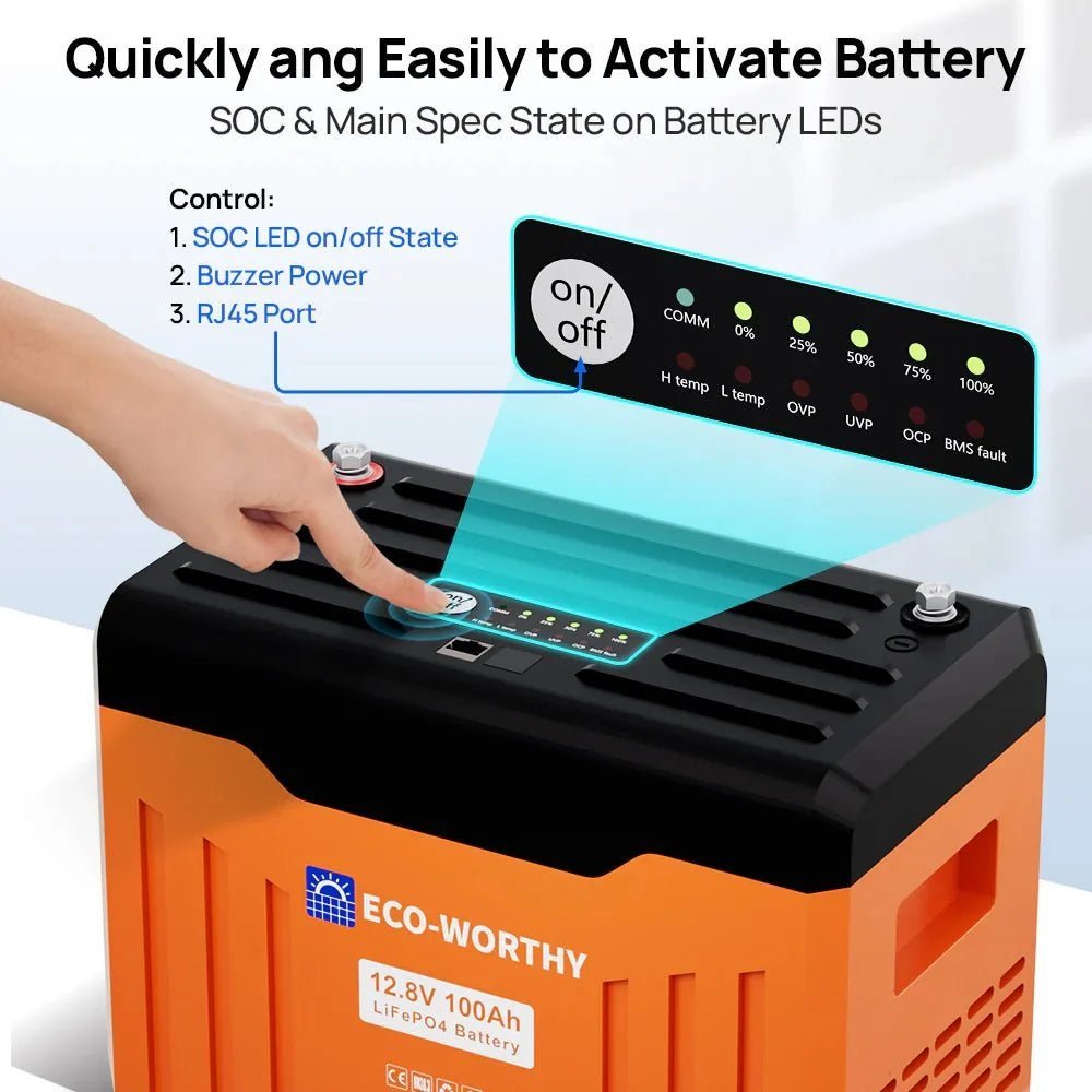 ECO-WORTHY 12V 100AH Lithium Battery with Battery Status Display and 100A BMS with Low-Temp Protection